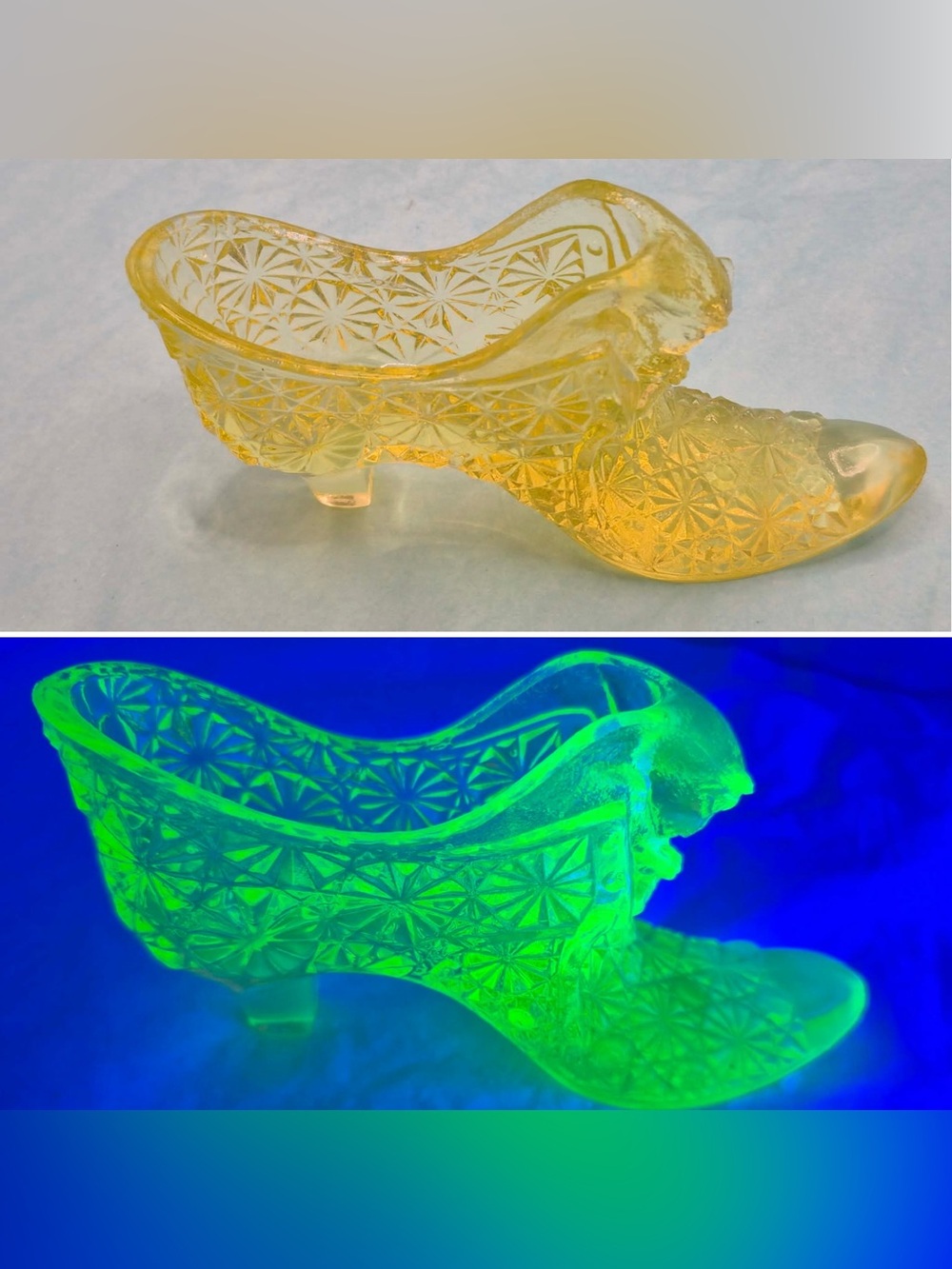 Fenton Vaseline Glass Cat Head Heel - Vintage Glass Shoe - Topaz Yellow GLOWS